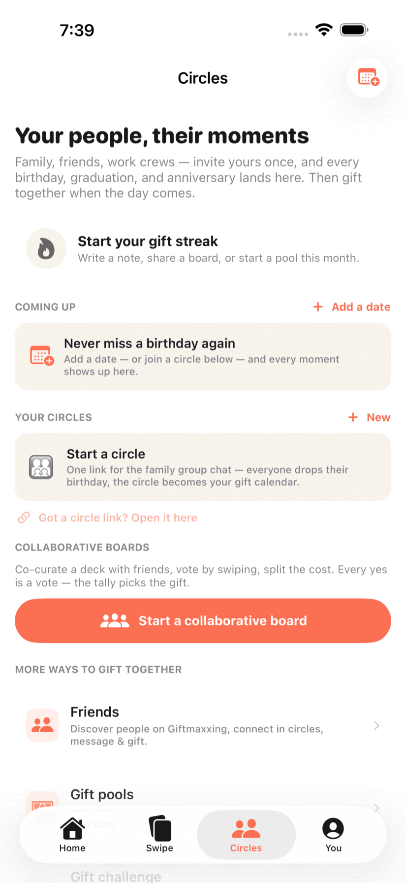 Giftmaxxing Circles screen for dates and collaborative gift boards